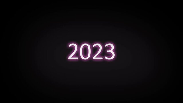 Neon light 2023 text appears on screen 4k animation, zooms towards camera