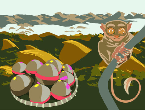 Bohol, Philippines Tarsier in the Chocolate Hills mountains background landscape with Calamay delicacy