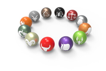 Colored balls with zodiac symbols on them are arranged in a ring.