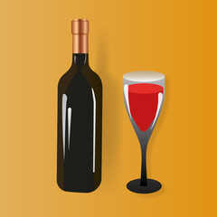 Realistic bottle of wine with glass. Branding mock up. Contemporary marketing beverage template. Alcohol, relax, champagne, holiday. Orange background. 3d isometric illustration