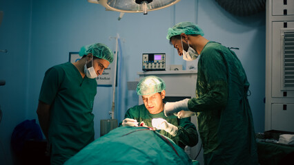 Eye surgery. A patient and surgeon in the operating room during ophthalmic surgery. Patient under surgical microscope. 