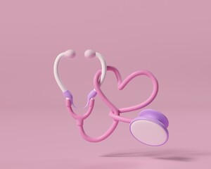 Medical statoscope, cartoon style Health care concept. World Heart Day. The heart is a symbol of health. Donation and heart disease on pink background. 3 d frame illustration with