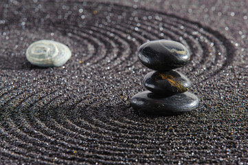 Japanese zen garden with stone in textured sand