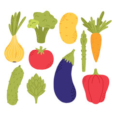 Flat vegetables vector set. Collection of vegetables broccoli, pepper, onion , carrot. Hand-drawn style isolated on white background. Vector illustration.