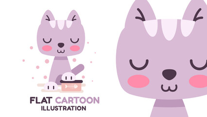Obraz na płótnie Canvas Flat cartoon character adorable cat, pretty animal idea for print t-shirt, poster and kids envelope, postcard. Cute hand drawn style kitty.