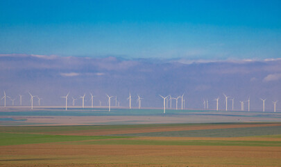 Many wind turbines on a field in Tulcea county - Romania
