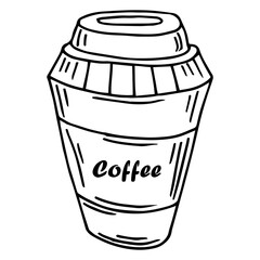 Vector illustration. Hand drawn doodle of disposable paper cup with coffee or tea. Cartoon sketch. Decoration for menus, signboards, showcases, greeting cards, posters, wallpapers
