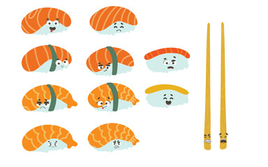 Cartoon images of Ebi Sushi. Vector Illustration. Sushi smile Angry Expression. Cartoon character emoticon