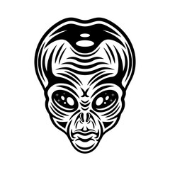 Alien head or humanoid face vector illustration in vintage monochrome style isolated on white background