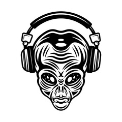 Alien head in headphones vector illustration in vintage monochrome style isolated on white background