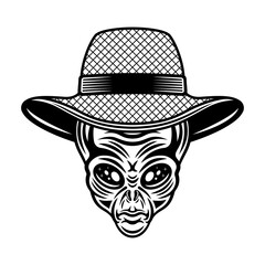 Alien head in straw farmer hat vector illustration in vintage monochrome style isolated on white background