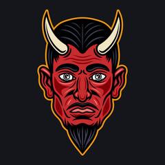Devil or lucifer head with horns colored illustration in cartoon style isolated on dark background