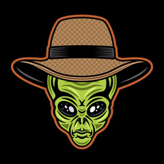 Alien head in straw farmer hat colorful vector character illustration in cartoon style isolated on dark background