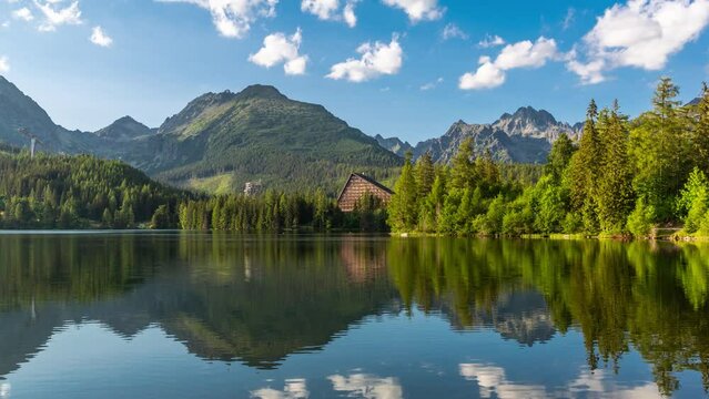 Time lapse of popular tourist destination Strbske pleso in Tatra mountains, Slovakia