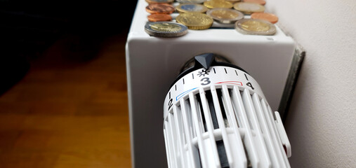 Close-up of the thermostat of the heating battery on which the coins lie. The energy crisis, the...