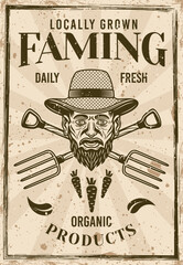 Farming vintage poster with farmer head in straw hat and crossed forks vector illustration. Layered, separate grunge texture and text