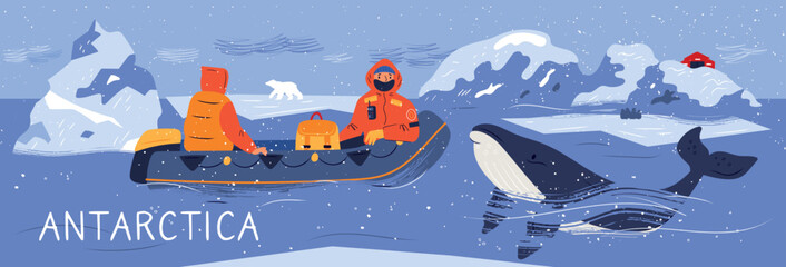 Antarctica, North Polar scientists, explorer by boat in the ocean. Antarctica landscape, animals, ice, glaciers, snowstorm illustration. Extreme travel by boat in arctic ocean © happydesign