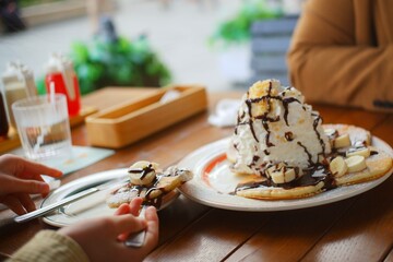 Obraz na płótnie Canvas カフェのパンケーキ　生クリームとチョコバナナ