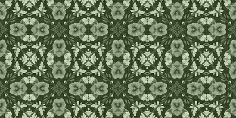 Wildflower green rustic damask seamless border. Geometric antique floral for vintage decorative edging. Vintage fashion repeat ribbon.