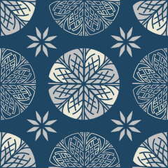 Vector blue grey linear snowflakes repeat pattern