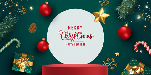 Fototapeta na wymiar Merry Christmas banner with product display cylindrical shape and gift box red bow decoration green background
