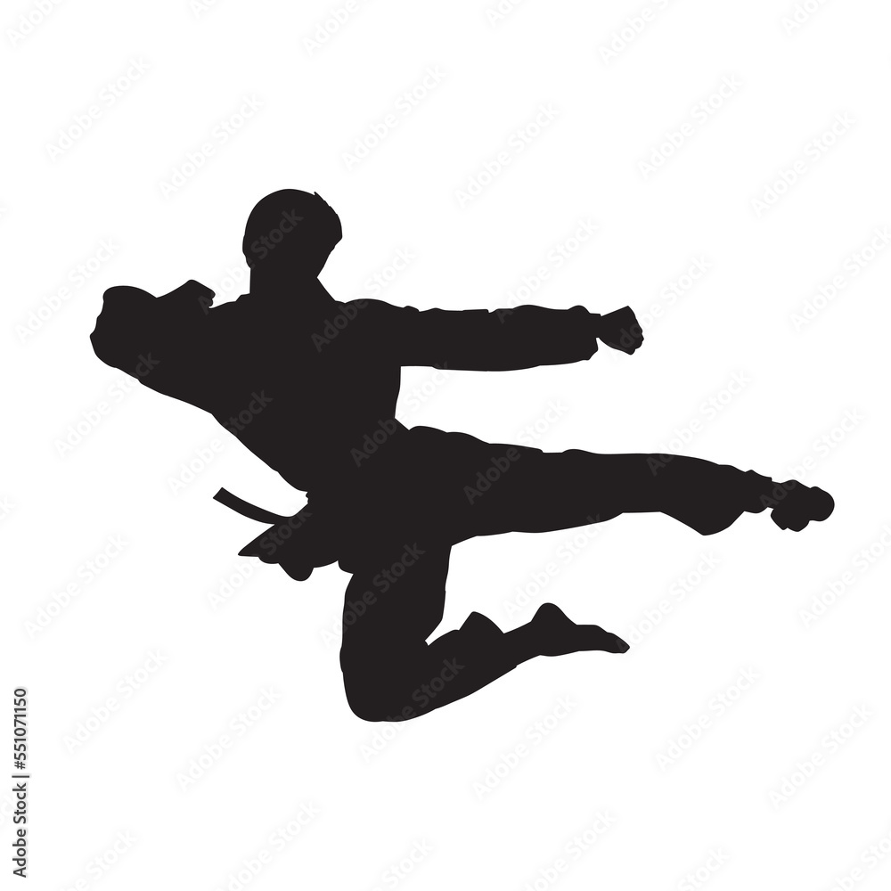 Wall mural illustration karate fighter wearing uniform isolated vector silhouette. on white background.