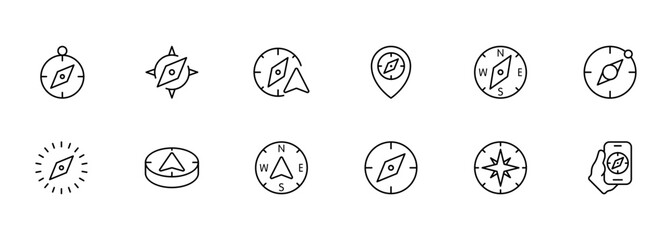Compasses set icon. Travel, destination, geolocation, location, gps, journey, trip, magnetic needle, cardinal directions, orientation in space. Navigation equipment concept. Vector line icon