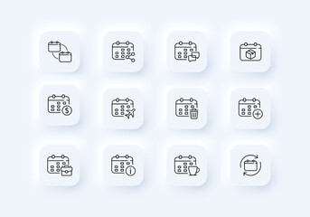 Calendars set icon. Share, message, planning, schedule, appointment, timetable, plane, dollar, departure, trash bin, plus, briefcase. Time management concept. Neomorphism style. Vector line icon