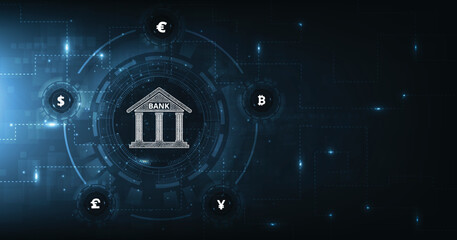 Interbank Currency exchange design.Money transfer, FinTech financial technology, bank and currency icon isolated on dark blue background. Vector illustration.