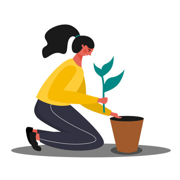 Girl planting plant on the pot flat ilustration character. Girl gardening flowers design.
