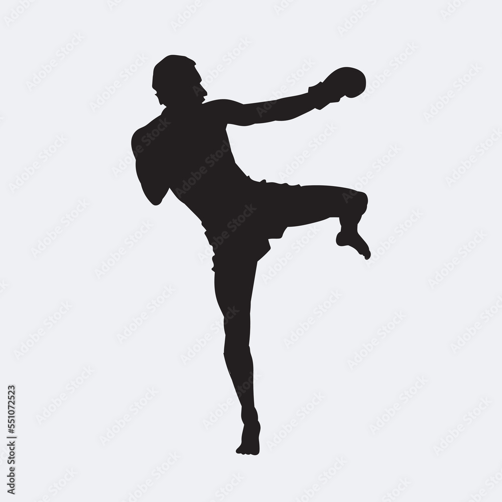 Wall mural Illustration kickboxing fighter isolated vector silhouette. On white background.