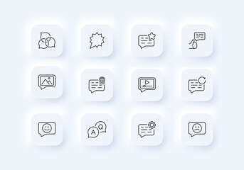 Speech bubbles set icon. Communication, rate, review, comment, opinion, reaction, like, discussion. Feedback concept. Neomorphism style. Vector line icon for Business and Advertising