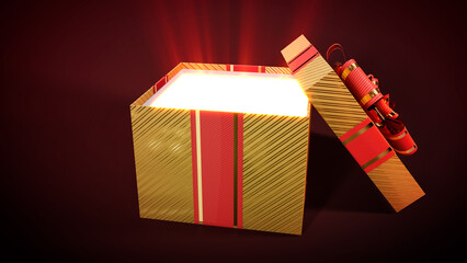 opened gold and red present with light from inside - object 3D illustration