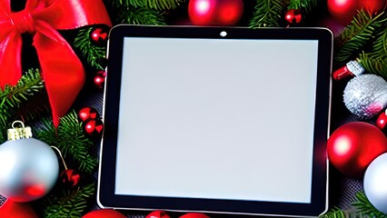 screen mockup tablet, christmas background, use modern gadget, browse apps, shop or chat online in social network, play game