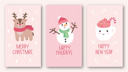 cute christmas cards, happy holidays background, message kawaii illustration of snowman and reindeer, illustration vector