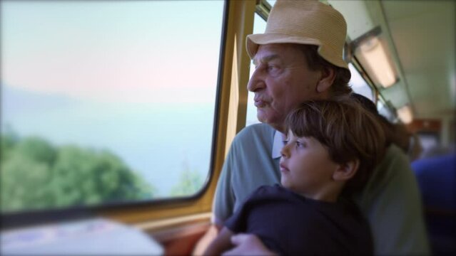 Grandfather and grandson traveling together seated by train window pointing hands toward landscape. Generational family in vacation looking at scenery