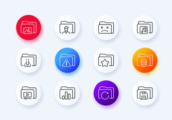 Folders with different content set icon. Pictures, personal data, music, download from the Internet, favorites, database, videos, documents, backup. Business concept. Neomorphism. Vector line icon