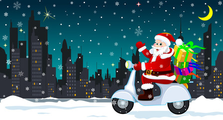 Santa with gifts rides a scooter. Santa delivers gifts on a moped against the backdrop of a snow-covered city at night