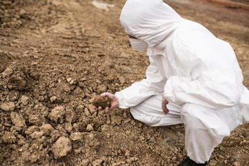 Soil testing. Young chemist checks the quality of the soil.