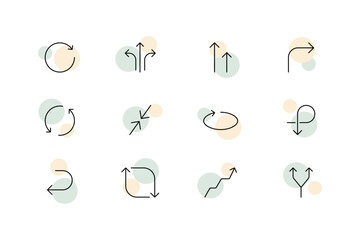 Arrows set icon. Information signboards, circular, undo, redo, direction, up, down, next, previous, growth, towards, triple, bifurcated. Signs concept. Vector line icon for Business and Advertising