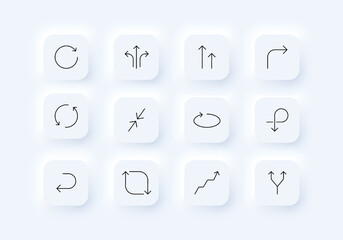 Arrows set icon. Information signboards, circular, undo, redo, direction, up, down, next, previous, growth, towards, triple, bifurcated. Signs concept. Neomorphism. Vector line icon