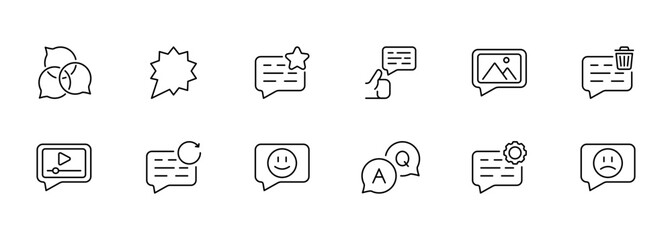 Speech bubbles set icon. Communication, rate, review, comment, opinion, reaction, like, discussion. Feedback concept. Vector set black line icon on a white backdround