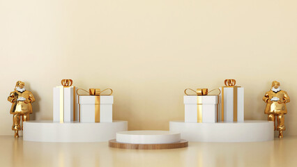 3d christmas podium. scene with christmas gold object and cream background, white product display, luxury 3d render. stand for christmas gift, showcase, pedestal, cosmetic, show room, podium product.