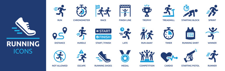 Running icon set. Running sport icon elements. Containing runner, race, finish line, treadmill and timer chronometer icons. Vector illustration. - obrazy, fototapety, plakaty