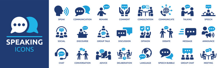 Speaking icon set. Communication icons collection. Containing discussion, speech bubble, talking, consultation and conversation icon vector illustration. - obrazy, fototapety, plakaty