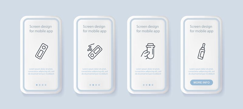 Get Tested For A Disease Set Icon. Test Tube, Pregnancy, Covid 19, Coronavirus, Virus, Flu, Cold, Laboratory Analysis, Blood Sugar. Healthcare Concept. UI Phone App Screens. Vector Line Icon