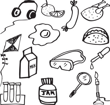 Headphones, Milk Box, Bunsen Burner, Test Tubes, Burritos, Tacos, Safety Lab Glasses, Pipette Drop, Roasted Chicken, Searching Glass, Egg, Kite, Sausage and Orange Fruit. Hand Drawn Random Doodle Icon