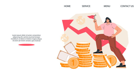 Successful business and investments concept for website with business woman achieves financial goal, flat vector. Success and achievement of business target, financial growth web banner mockup.