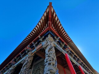 Low-angle closeup of a Forbidden city roof against sunlit clear sky Beijing, China