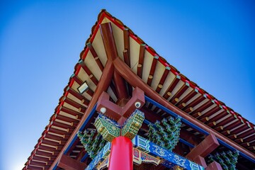 Low-angle closeup of a Forbidden city roof against sunlit clear sky Beijing, China